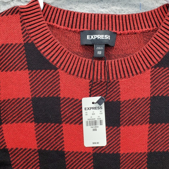 Express Sweater Women 2XS Multi Buffalo Plaid Ribbed Cuff/Hem Crew Neck Pullover - Picture 5 of 6